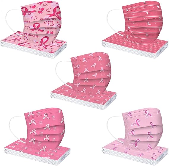 50 Pack Breast Cancer Awareness Disposable Face Masks, Pink Ribbon Masks for Women Adults 3 Ply Face Protection