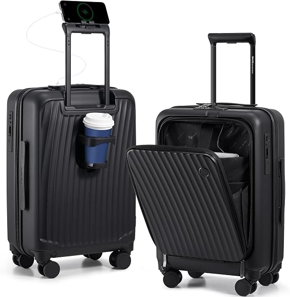 OIWAS Carry On Luggage with Cup Holder Top Opening Hardside Suitcase, Black