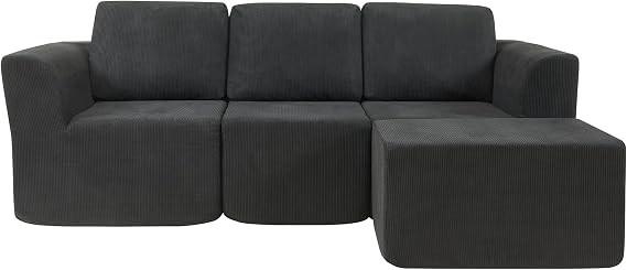 Panana L-Shaped Corner Sofa Left/Right Boneless Couches, 3-Seater Sectional Couch with Movable Ottoman Footstool, No Assembly Required (Black)