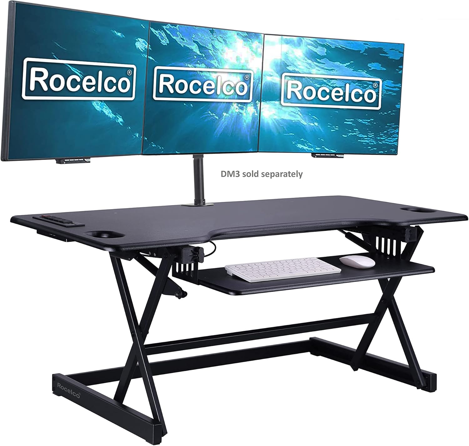 Rocelco 46 Height Adjustable Standing Desk Converter - Desktop AC USB Charger - Sit Stand Up Triple Monitor Riser - Tall Computer Workstation - Retractable Keyboard Tray - Black R DADRB-46-ACUSB