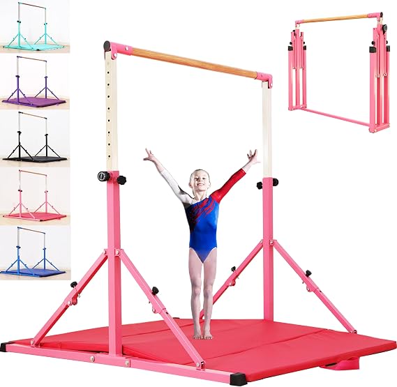 MARFULA Adjustable 5 Ft Folding Gymnastics Kip Bar for Kids Ages 3-18 | 5Ft Length Kip Bar, 4Ft Width, 5Ft Adjust Height, Stainless Steel Poles, Gymnastics Training Equipment for Kids Home Club Use
