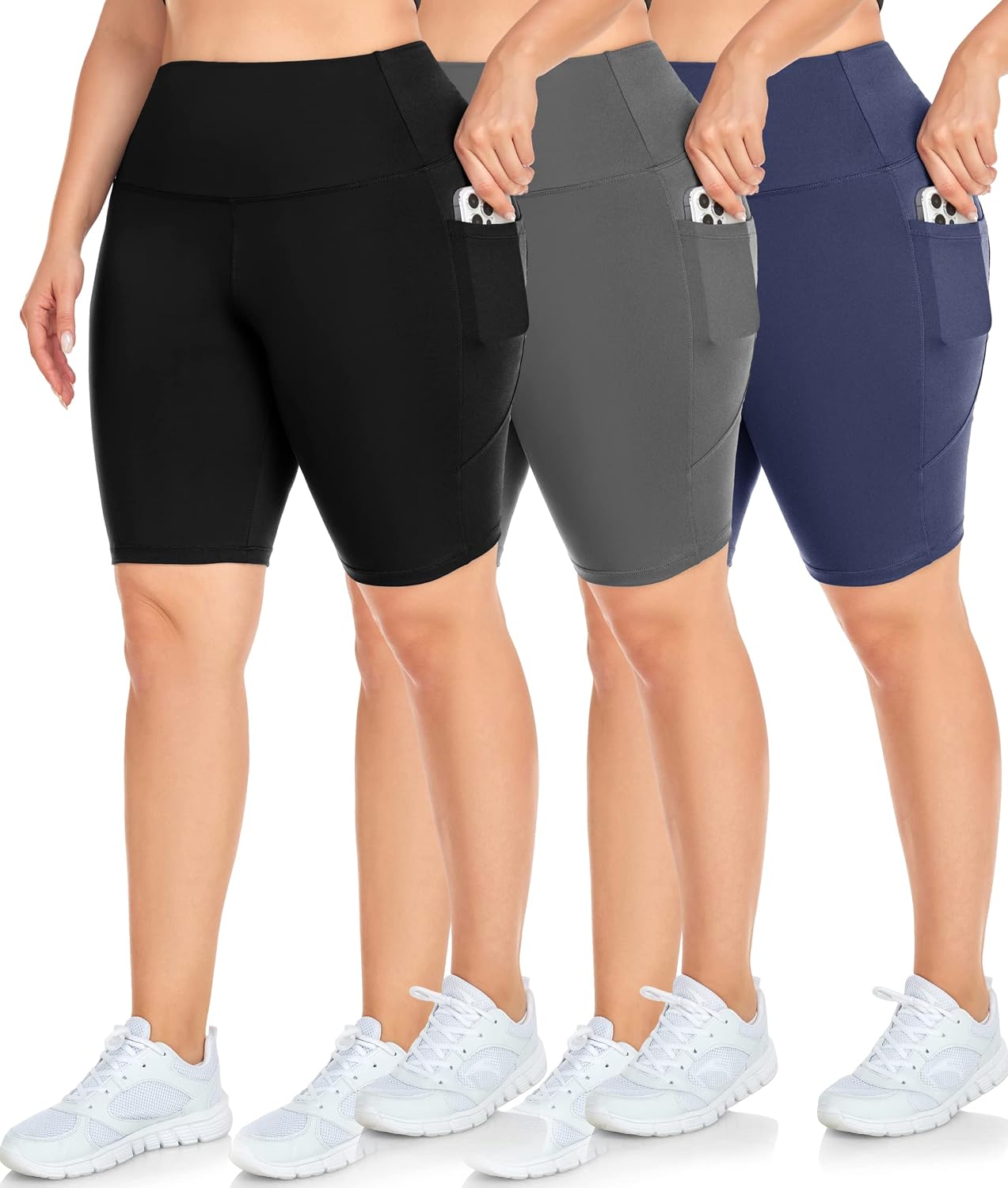 NEW YOUNG 3 Pack Plus Size Biker Shorts with Pockets for Women-High Waisted 8 Yoga Pants Workout Shorts