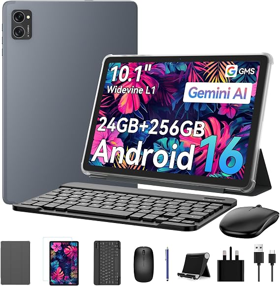 Tablet, Tablet 10 inch Android 16, Tablet with Keyboard, 24GB RAM+256GB ROM (2TB Expandable), Octa-Core Gaming, 5000mAh, Widevine L1 1080P Screen, 2-in-1 Tablet Computer for Work/Kids/School- GRAY