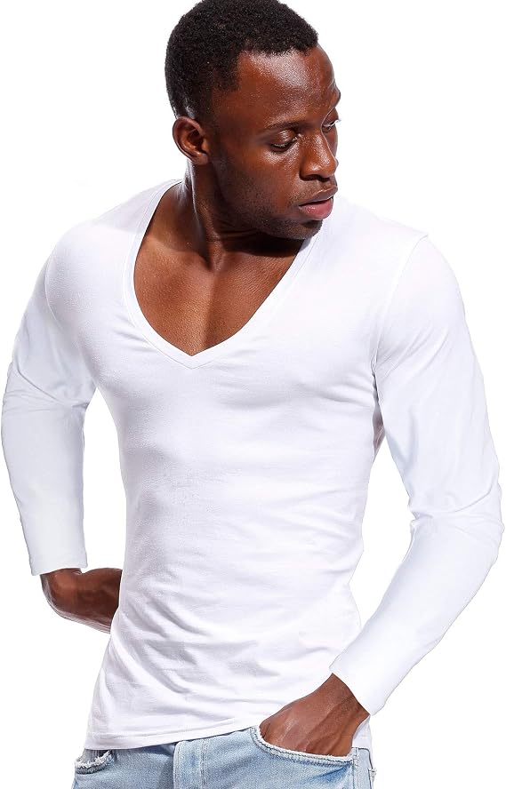 Deep V Neck Shirts Men Long Sleeve Stretch T-Shirt Low Cut Undershirts Tees
