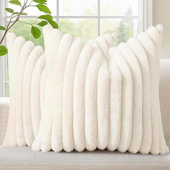 decorUhome Faux Fur Cushion Covers 45x45 cm Set of 2, Cream White