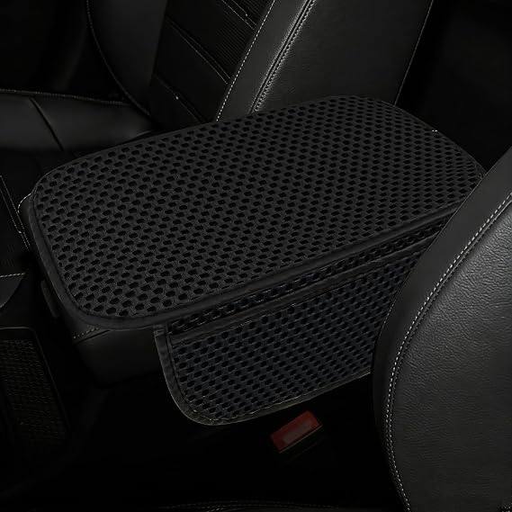 Car Center Console Cover, 12.4"7.5" Cooling Ice Silk Armrest Cover for Cars, Breathable Auto Armrest Cushion Pad with Storage Pocket, Universal Interior Car Accessories (Black-Pocket)