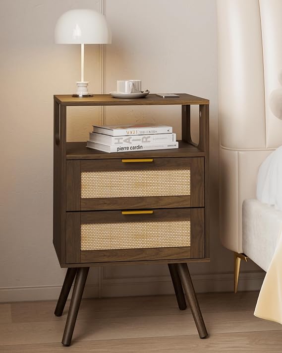 JOONEE Rattan Nightstand,Farmhouse Bedside Table with 2 Storage Drawer and Open Wood Shelf, for Bedroom and Small Spaces,Night Stand with Solid Wood Legs (Walnut Brown)