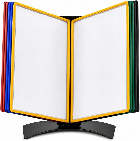 Tarifold Desktop Reference System, 10 Pockets, Easy-Load Design, Assorted | 10 Double-Sided Polypropylene Pockets, Holds 20 Letter-Size Sheets, Sturdy Metal Base, Quick and Easy to Assemble