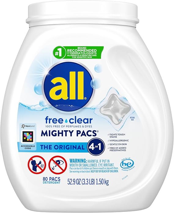 all Unit Dose Laundry Detergent Pacs, Free Clear, Sensitive Skin, 80 Count | Hypoallergenic formula, fragrance and dye free, dermatologist recommended, static control, single-dose convenience