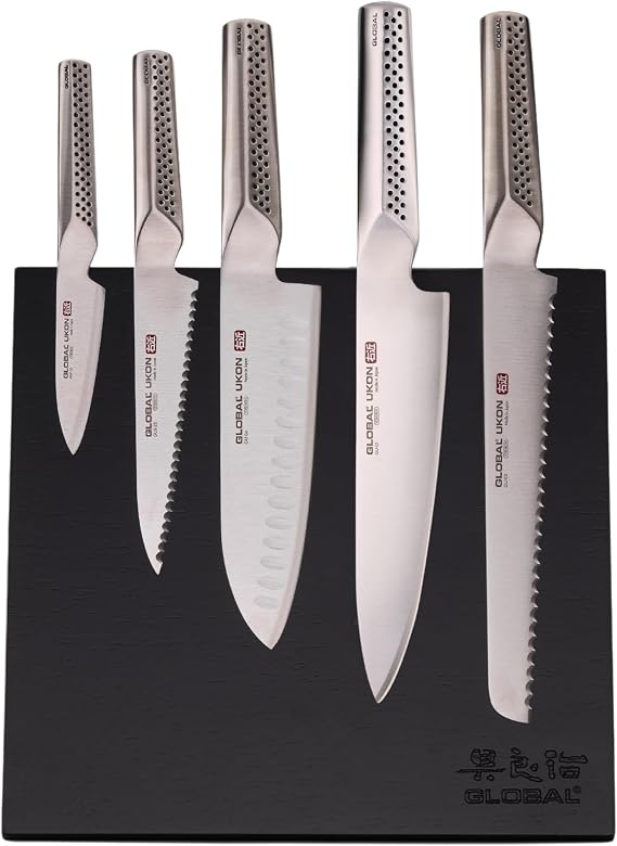 Global Bitoku 6 Piece Ukon Essentials Set - Magnetic Easel, 5 Knives: 8 inch Chef's, 9 inch Bread, 7 Inch Santoku, 6 inch Serrated Utility, 3.5 inch Paring, Black