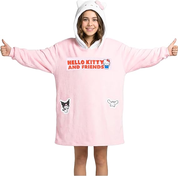 Hello Kitty Blanket Hoodie for Girls Teens, Fleece Pullover with Hood, Side Pockets, Kawaii Loungewear Sanrio Gifts for Girls (Pink)