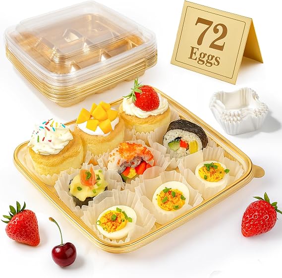 77L 72 Eggs Clear Deviled Egg Tray with Lid Gold Plastic Party Serving Tray with Greaseproof Paper for Deviled Eggs, Sushi & Desserts