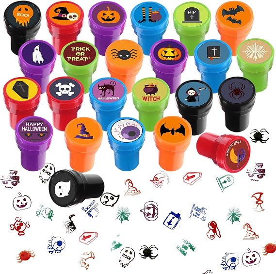 24-Pack Halloween Self-Inking Stamps, Spooky Themes with Ghosts, Bats, Witches, etc, 24 Assorted Designs for Party Favors, Game Prizes, and Trick-or-Treat, Goodies Bag Fillers, Kids Festive Toy Stamps