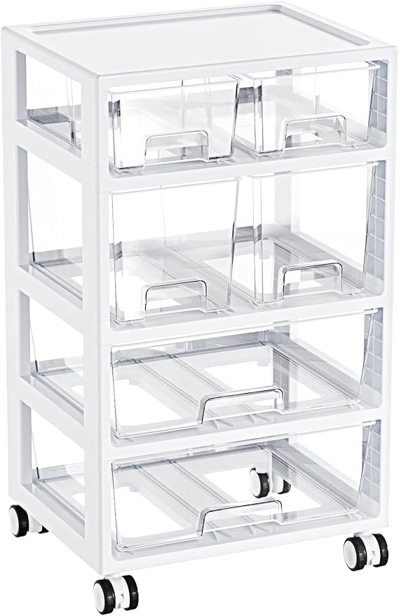 Vtopmart Drawer Storage Organizer,4 Tier 6 Drawers with Wheels, Clear | Clear Drawers with Multiple Sizes Keep Supplies Visible. Sturdy for Bathreoom, Office, Under Desk, Crafts & Art Storage.