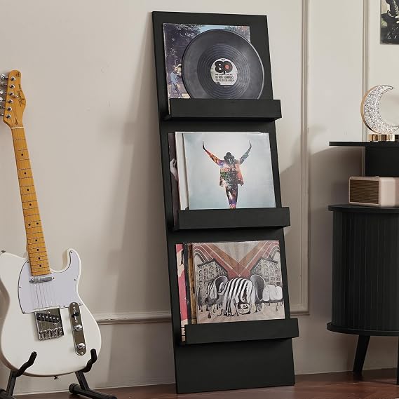 LELELINKY Wall Mount Vinyl Record Holder with 3 Tier Display Shelf, 47.5'' Tall Record Storage Magazine Holder, Book Shelf Holder Holds Up to 15 Vinyls Albums/CD for Living Room, Concert Hall, Black