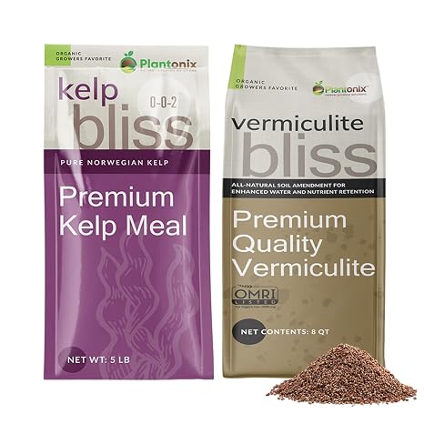 Vermiculite Bliss (8 Qts) + Kelp Bliss (5lbs) - Vermiculite for Gardening & Kelp Meal Organic Fertilizer - Fine Vermiculite for Plants - Kelp Fertilizer for Plants - Garden Soil & Potting Soil Mix