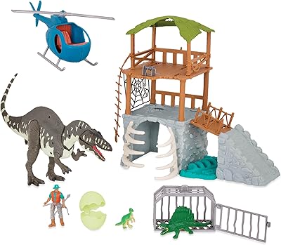 Terra by Battat 13 Pieces Jungle Expedition Big Playset Electronic Dinosaur with Light Up Eyes Movable Roaring Acrocanthosaurus & Helicopter with 2 Surprise Dinosaur Toys for 3 Years
