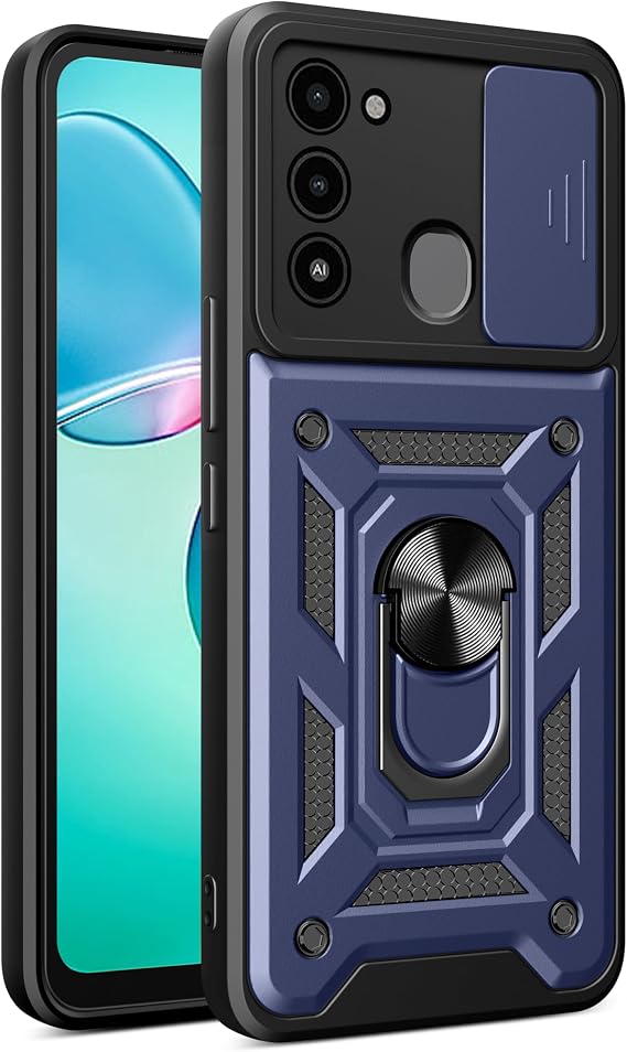 Compatible with Tecno Spark 8C Phone Case,Compatible with Tecno Spark Go 2022 / Spark 9 Magnetic Bracket [PC+TPU] 2 in 1 Slide Lens Kickstand Blue