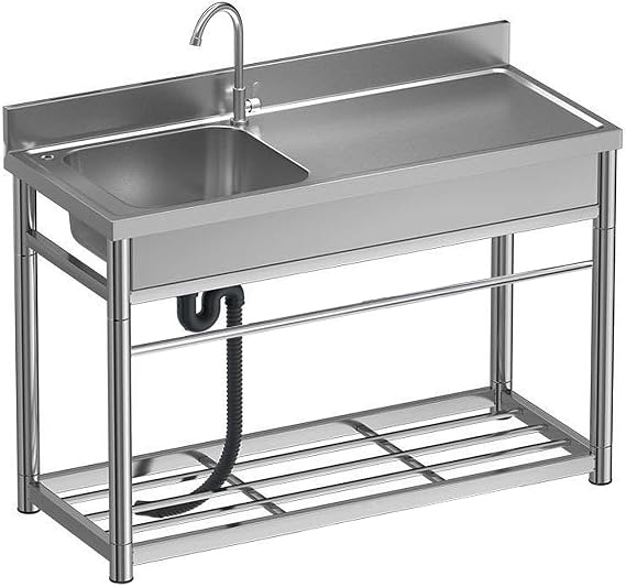 Freestanding 304 Stainless Steel Sink with Faucet and Workbench Commercial Catering Single for Garage, Restaurant, Kitchen, Laundry Room, Outdoor, High Backsplash