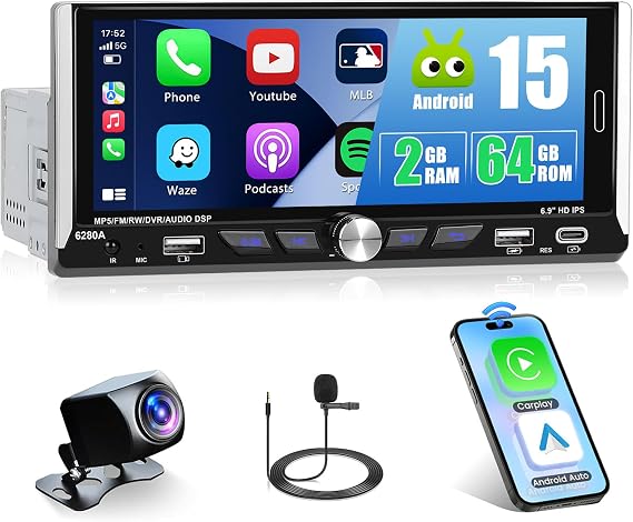 2+64G Android Single Din Car Stereo Wireless Apple CarPlay Android Auto,6.9 inch 1Din Touch Screen Radio Upgrade Car Audio Recevier Bluetooth GPS FM RDS, Single Din Head Unit+Free AHD Backup Cam