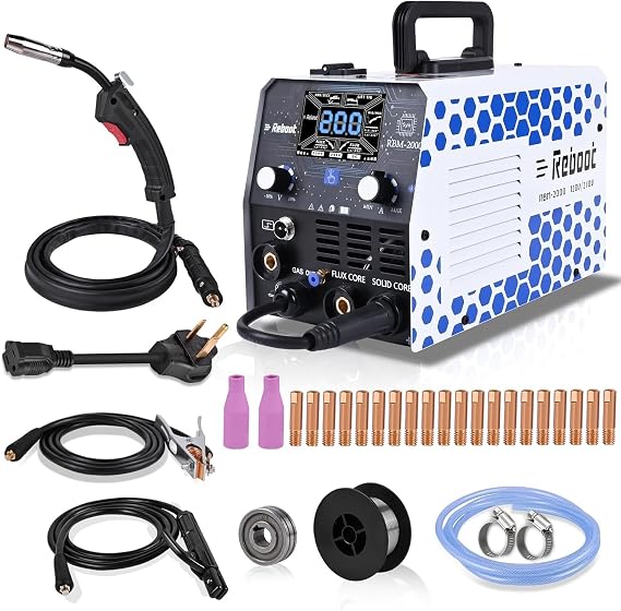 Reboot 200Amp MIG Welder 120V 240V 5 in 1 Welding Machine, Multiprocess for Gasless Flux Core MIG Welder/Gas MIG/Lift TIG/Stick/Spot Welding with Synergy Dual Voltage Large LED Display