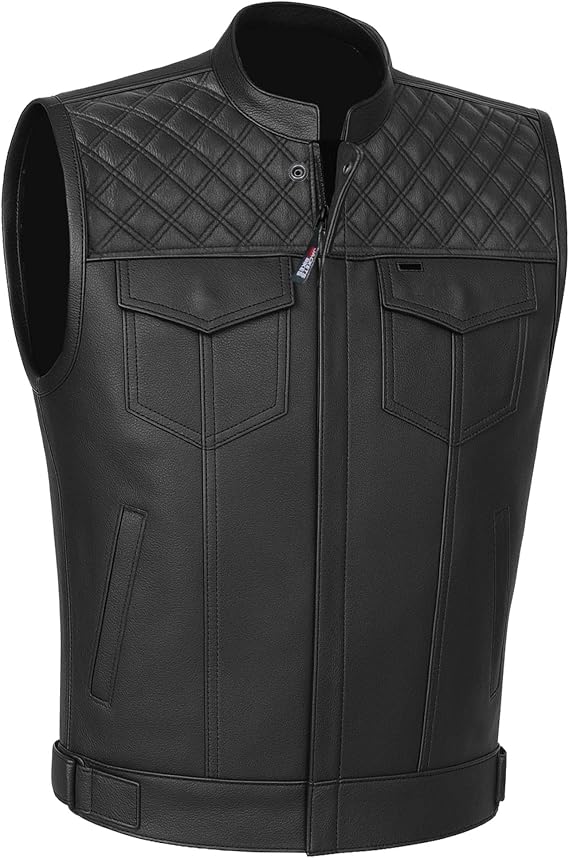 Jackets 4 Bikes SOA Men's Motorcycle Vest, Geniune Buffalo Leather, Back Armor, Inside Pockets, Motorbike Riding Club Vests Black S