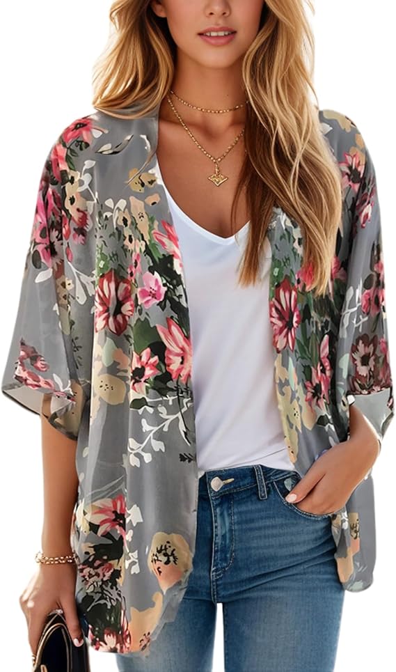 Women's Floral Print Puff Sleeve Kimono Cardigan Loose Cover Up Casual Blouse Tops