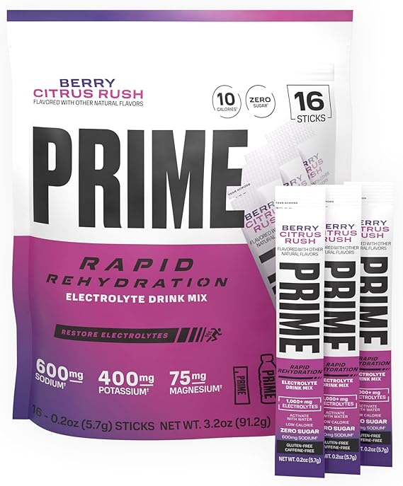 PRIME Rapid Rehydration Electrolyte Powder Sticks, Berry Citrus Rush, Sugar Free Hydration Drink Mix with Sodium, Potassium, Magnesium & B Vitamins to Replenish Fluids, Caffeine Free, 16 Count
