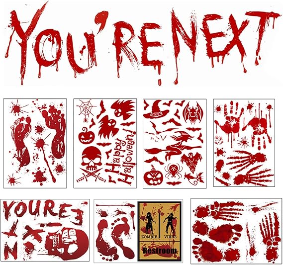 Bloody Handprint, Halloween Stickers, 7 Sheets Halloween Decoration Clings, Variety Styles of Waterproof Scary Window Stickers, Ideal for Halloween Party Decoration Indoor Outdoor