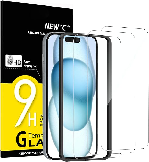 NEW'C for iPhone 16 iPhone 15 (6.1 inches) Tempered Glass Free from Scratches 9H Hardness HD Screen Protector Ultra Clear Ultra-resistant Easy Installation Tool Included Pack of 3