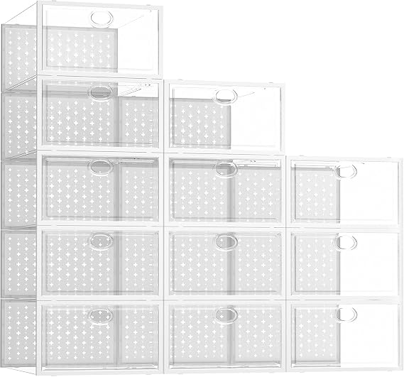 GulfDealz Large Clear Plastic Shoe Storage Boxes, Stackable Organizer Display Case Bins, White, 12 Pack