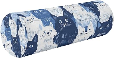 Funny Turkish Angora Cats Navy Blue Round Bolster Pillow Therapedic Neck Roll Pillow Small Round Pillows for Chairs Decorative Cylinder Pillows for Bed