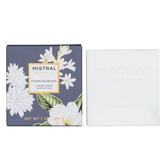 Mistral Luxe French Bar Soap Fleurs Blanches 7 oz | Triple Milled Natural Soap | Organic Shea Butter & Sweet Almond Oil | Long-Lasting, Moisturizing, Elegant Giftable Bath Essential Made in Provence