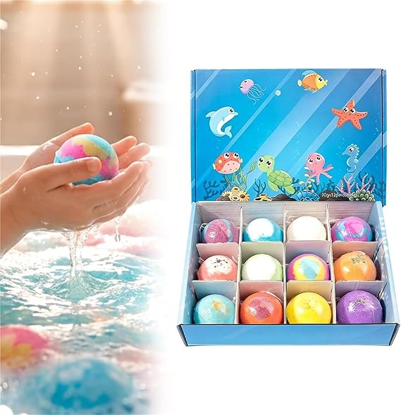 Bath Bombs for Kids, Sea Salt Minerals Oils Bathbombs with Upgrade Bathing Surprise Inside, Handmade for Dry Skin Moisturize(Blue 24pcs)