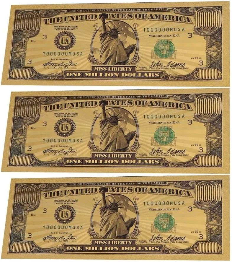 YIQILAFADA 3pc Gold One Million Dollar Bills, Colored Gold Foil Bill Collectible Banknotes for Decor, with Amazing Detailing