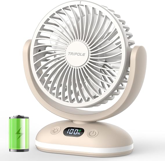 TriPole Desk Fan Small Quiet, Rechargeable Mini Portable Fan with LED Light