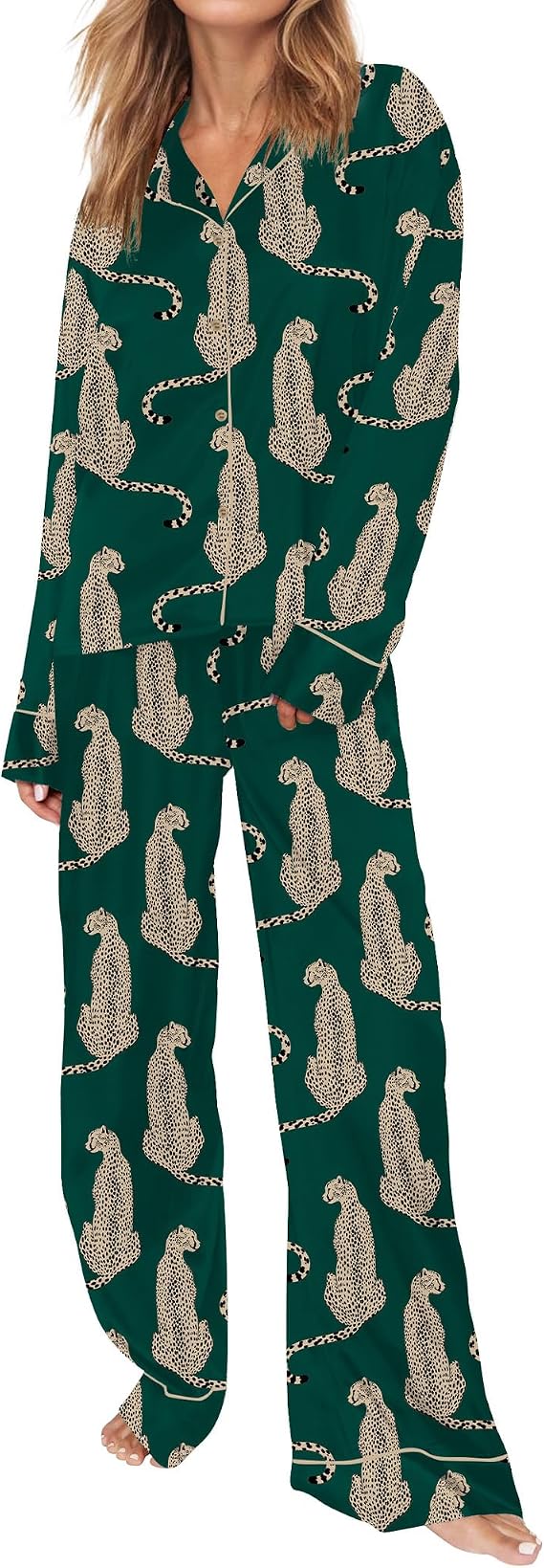 SHESHOW Satin Pajamas Set for Women Set Long Sleeve Button Down Pjs Sets 2 Piece Loungewear Animal Sleepwear XS-XXL
