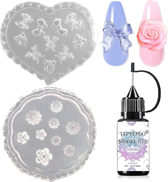YEPYEPGO Silicone Nail Art Molds, 2PCS 3D Nail Charm Molds, Flowers Butterfly Design, Reusable Transparent Modeling for DIY Nail Art Supplies