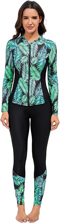Women Tropical Print Swimsuits Full Coverage Long Sleeve Surfing Rash Guard Swimwear Burkini Summer Beach Bathing Suit