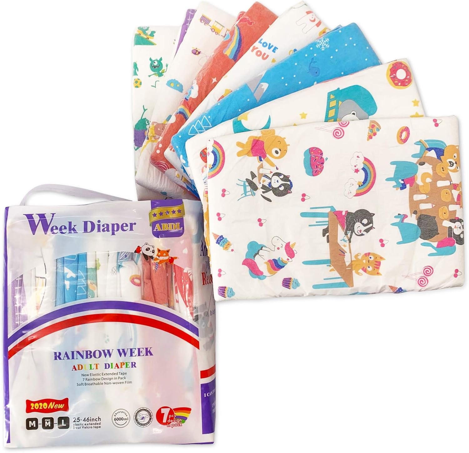 Adult Diaper - 7 Pieces Rainbow Week Diaper - Adult Diaper - Unisex - Cotton Blend - Disposable - 80-250 lbs