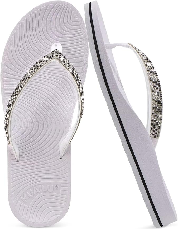 KuaiLu Women's Rhinestone Flip Flops Arch Support Yoga Mat Cushion Sandals