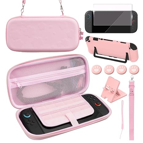 Switch 2 Case Pink Travel Carrying Case Accessories Kit for Nintendo Switch 2 Pink Case with Embossed Cherry Blossom Storage Bag Protective Cover Screen Protector Adjustable Stand & Thumb Grips Gifts for Women