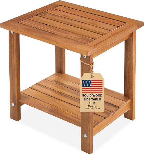Acacia Wood Adirondack Side Table, 2-Tier Outdoor End Table - Honey Oak