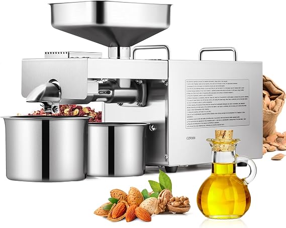 CGOLDENWALL 1500W Commercial Automatic Oil Press Machine Industrial Oil pressing machine Nuts Seeds Oil Presser Pressing Machine Cold Hot Press All Stainless Steel High Oil Extractor CE (Silver, 110V)