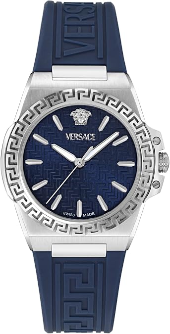 Versace Greca Reaction Collection Luxury Womens Watch Timepieces with a Blue Strap and Dial Featuring a Stainless Steel Case