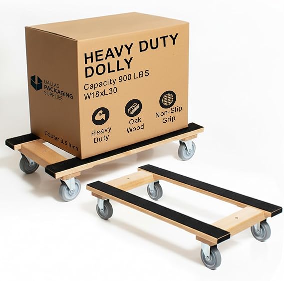 Furniture Dolly 4 Wheel Heavy Duty | Flat Moving Dolly H Frame Oak | Full Length Rubber Tread Dual Rail | 18x30