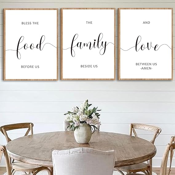 Framed 36" x 16" Farmhouse Kitchen Wall Decor, Bless The Food Before Us Wall Decor for Dining Room Wall Decor(12x16 inches, Set of 3, Framed, Brown)