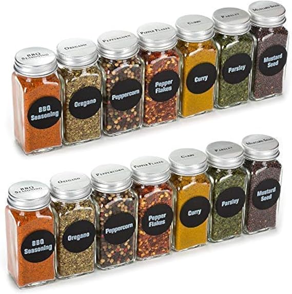 4oz, BEST VALUE 14 Glass Spice Jars includes pre-printed 113 CLEAR PVC labels & round 126 CHALKBOARD labels. 14 Square Empty Jars, Airtight Cap, kitchen Funnel Pour/Sift Shakers