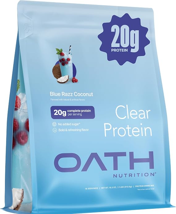 Oath Nutrition Clear Whey Isolate Protein Powder, Blue Razz Coconut, 20g Complete Protein per Serving, No Added Sugar, Grass-Fed, 18 Servings