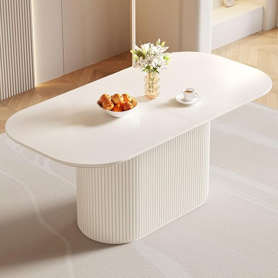 Cream Style Oval Dining Table with Fluted Pedestal Base, Modern Minimalist Kitchen Table, Contemporary Dining Room Furniture for Home, Apartment, Living Room (Dining Table Only, 177.8 cm)